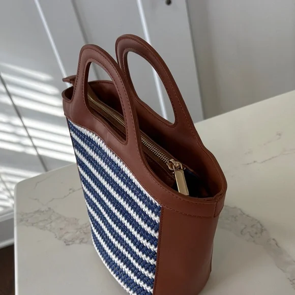 Ann Taylor Blue & White Crochet Stripe and Tan Leather Tote Bag Purse - Picture 6 of 8